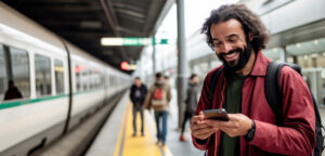 Cette image montre un usager sur le quai d'une gare, souriant, consultant son smartphone