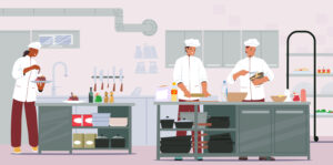 Illustration montrant des agents de la cuisine centrale en plein travail