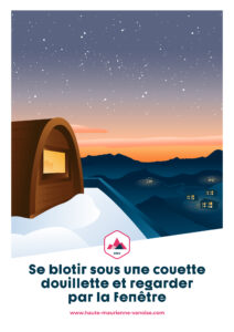 Vignette illustrée représentant un hébergement insolite en haut de la montagne