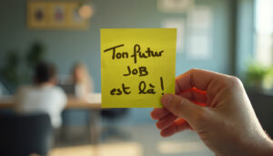 Une main tient un post it sur lequel est écrit : Ton futur job est là !