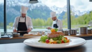 Photo d'un plat dans un restaurant, avec des employés qui s'affairent...