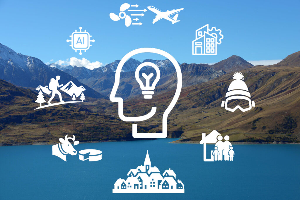 Lac du Mont Cenis avec une ronde d'icône blanche figurant l'économie diversifiée du territoire